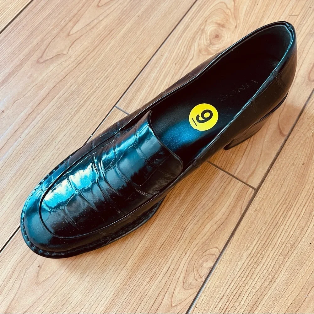 Vince Black Loafers Block Heel Croc Embossed